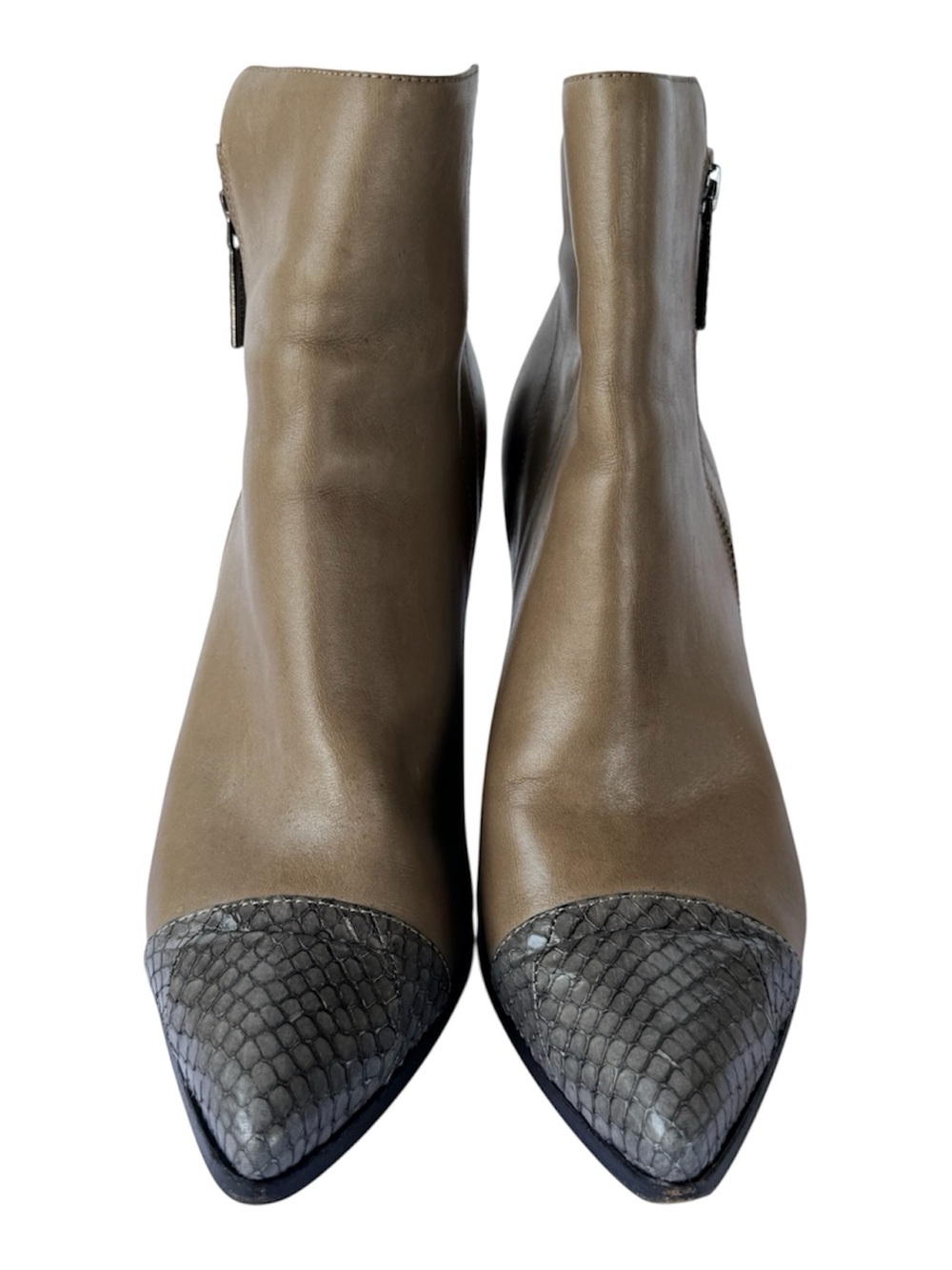 Donald J. Pliner Taupe Leather Ankle Boots with Gray Snake-Print Toe Caps